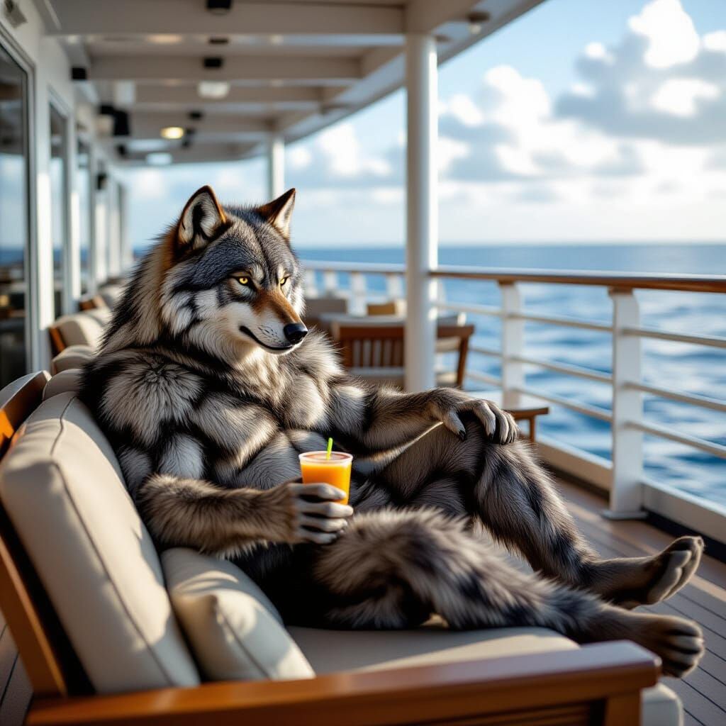 Werewolf Enjoys Smoothie on Cruise Ship Deck
