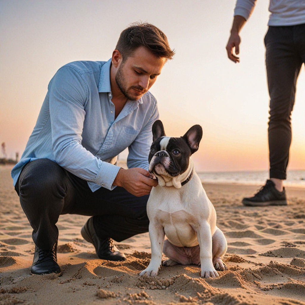 Slavic Man Enjoys Sunset Beach Moment with Frenchie Puppy