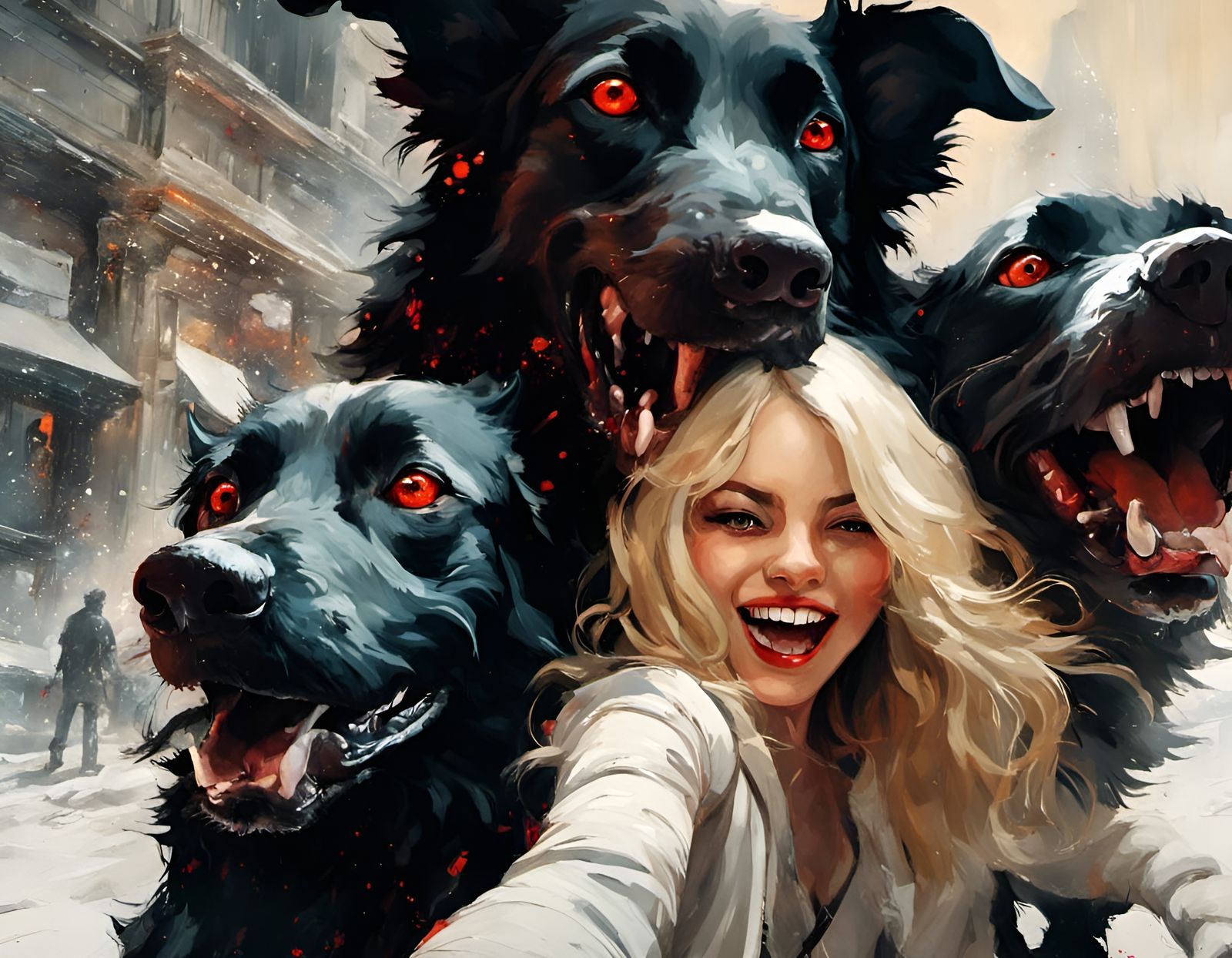 Girl's Selfie with Three-Headed Cerberus in Underworld