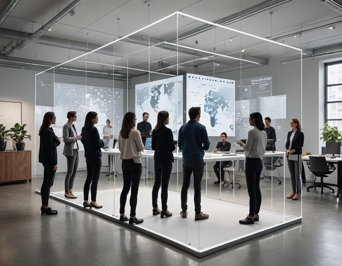 Teamwork via Transparent Digital Board in Modern Office
