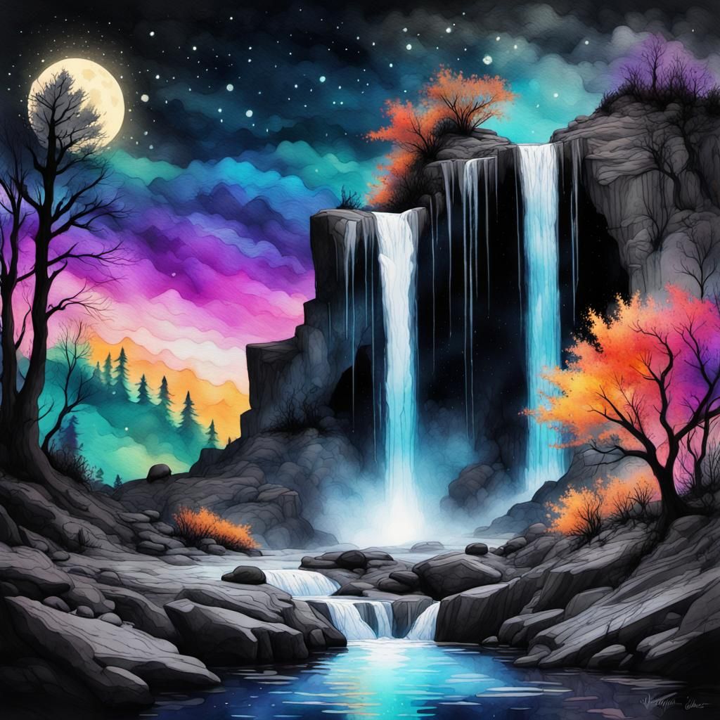 Glitchy Waterfall at Night in Fantasy Splash Art
