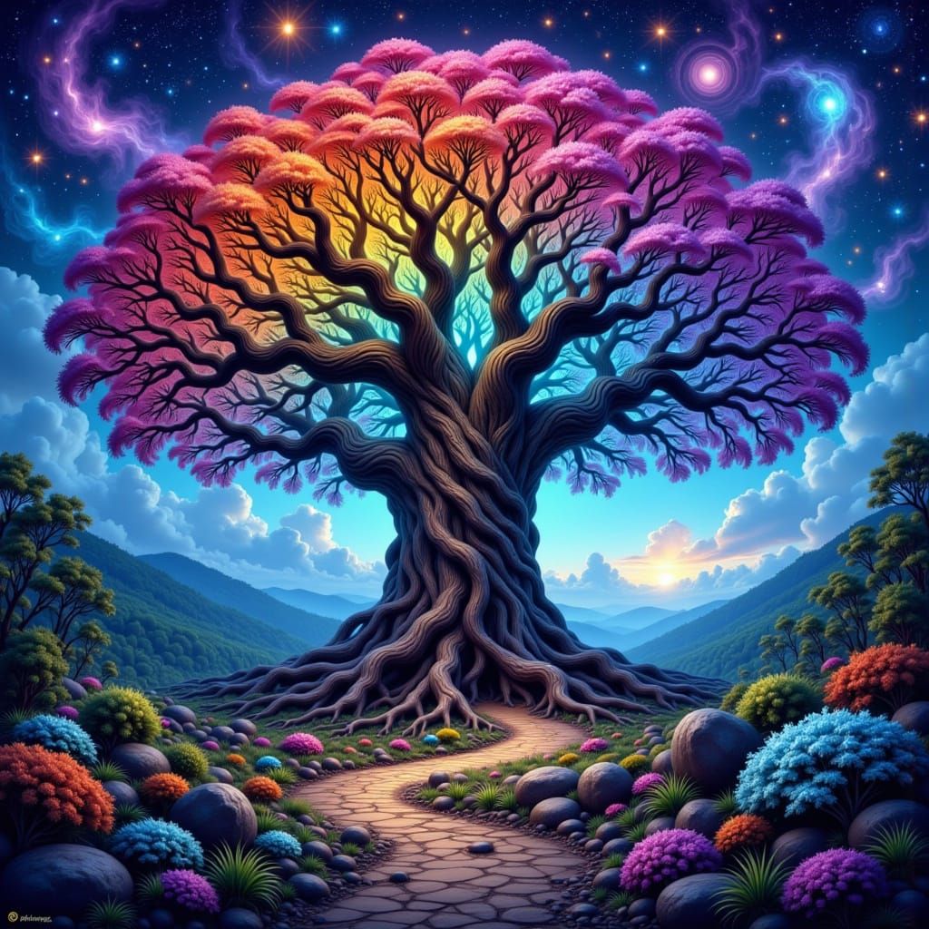 Colossal Rainbow Tree in Nebula Sky