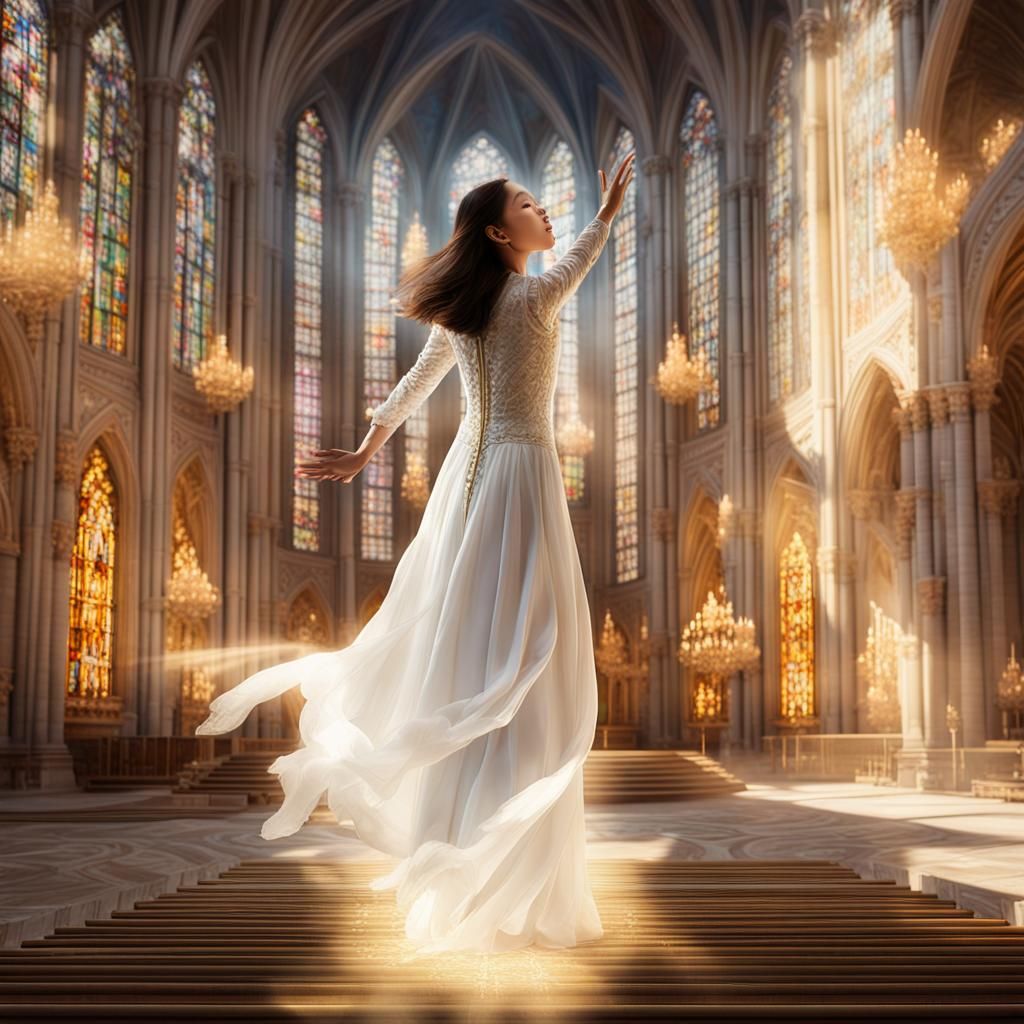 Worshipping Woman in Cathedral: Baroque Digital Painting