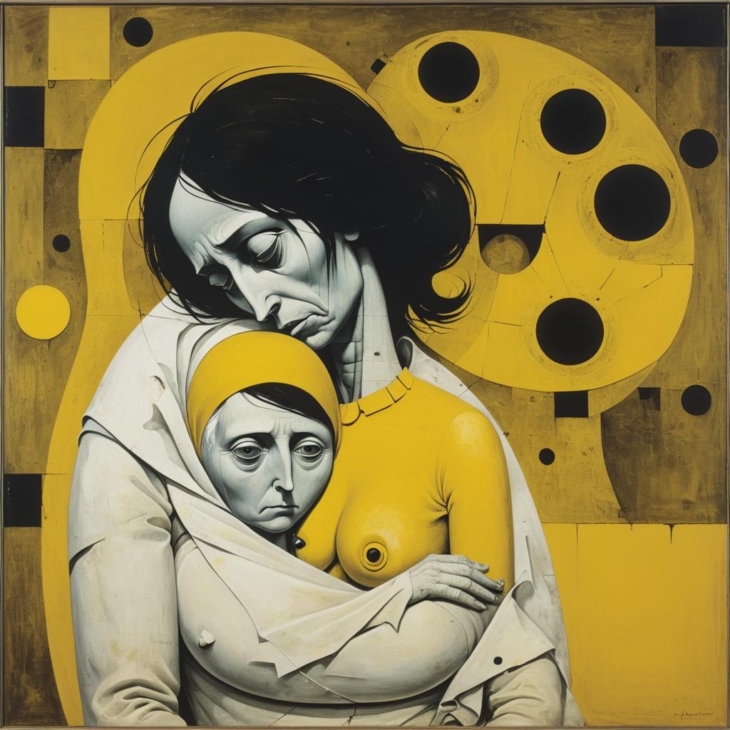 Monochromatic Abstract of Sad Mother in Surreal Style