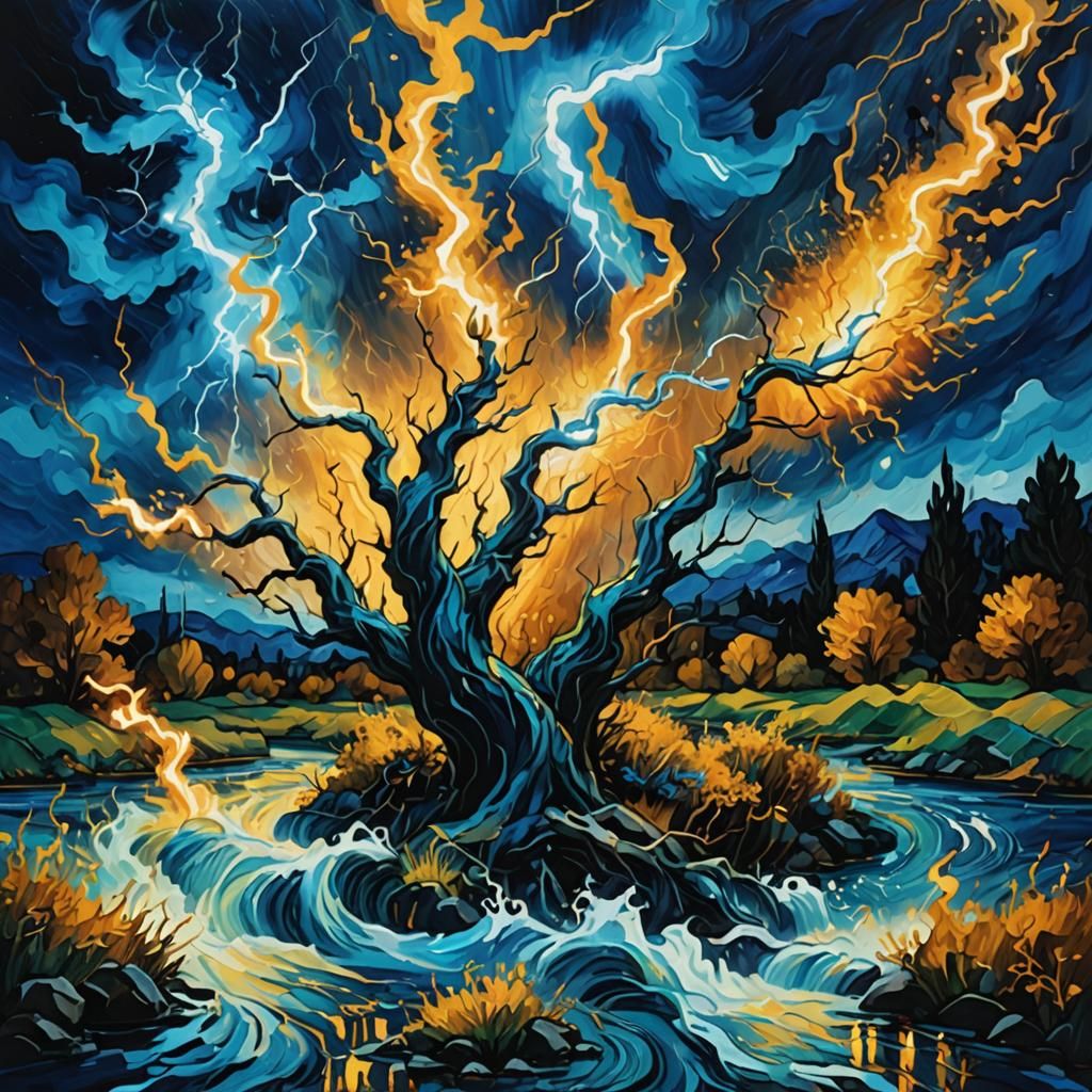 Surreal Blue Energy Lightning in Van Gogh Style
