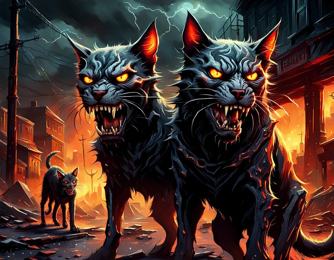 Demonic Cat and Hellhound Battle in Post-Apocalyptic Setting