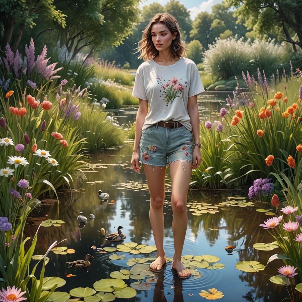 Hyperrealistic Summer Pond Landscape with Woman