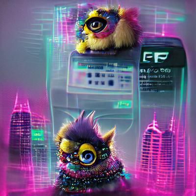 Cyberpunk Furby in Neon Cityscape