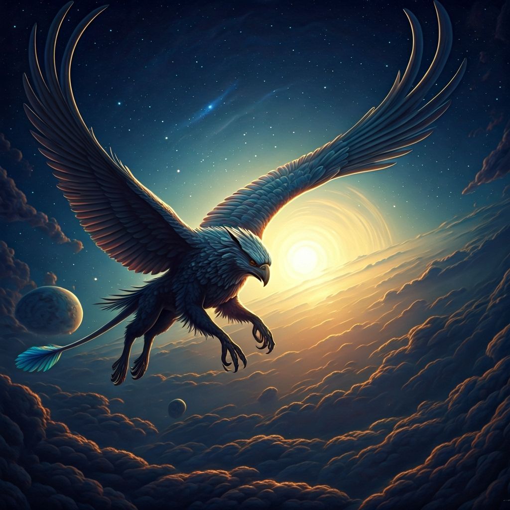 Griffin Soaring Through Twilight Sky in Ethereal Style