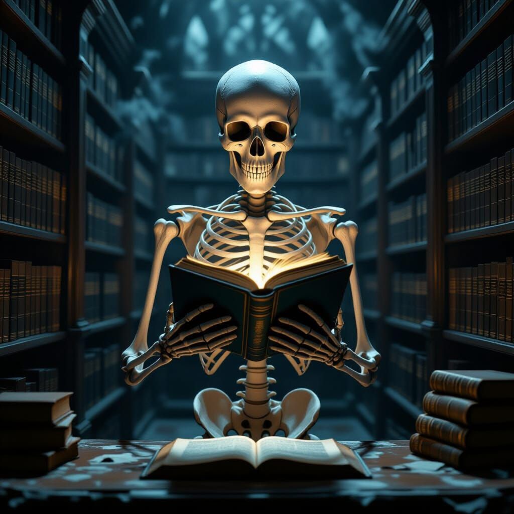 Anatomical Skeleton in Dusty Library, Holding Glowing Book