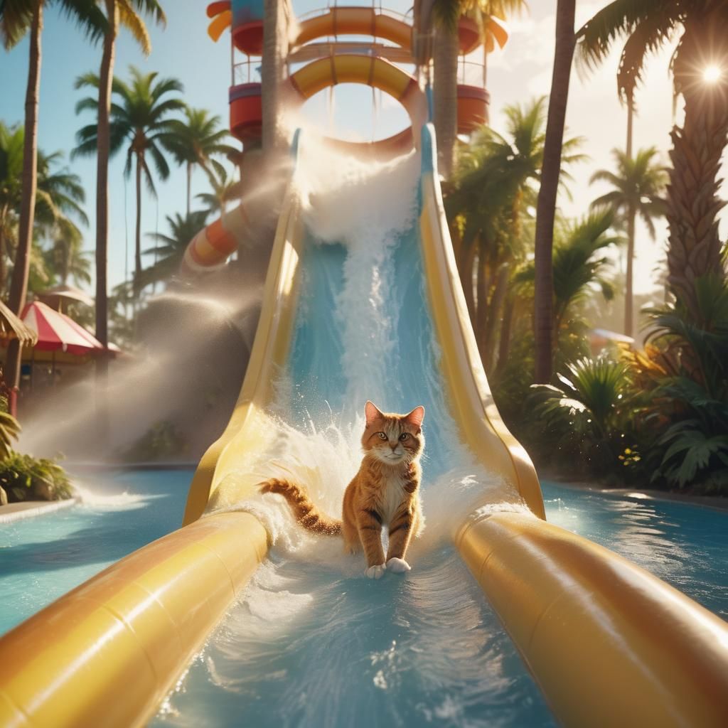 Happy cat on a slide at a waterpark Epic cinematic brilliant...