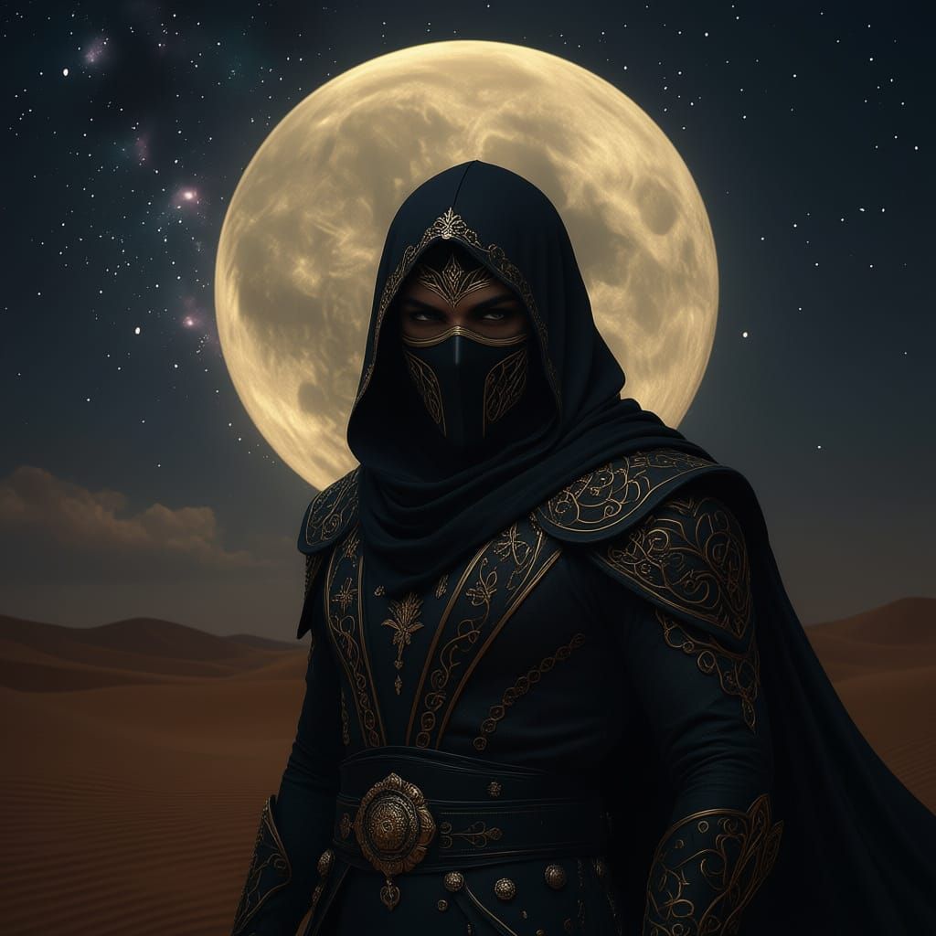 Arabian Assassin in Golden Suit Under Full Moon Desert Sky