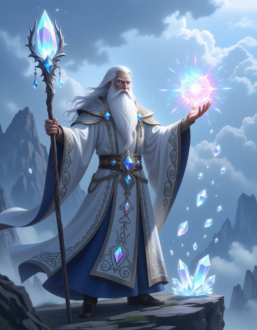 Majestic Wizard on Cliff in Realistic Anime Style