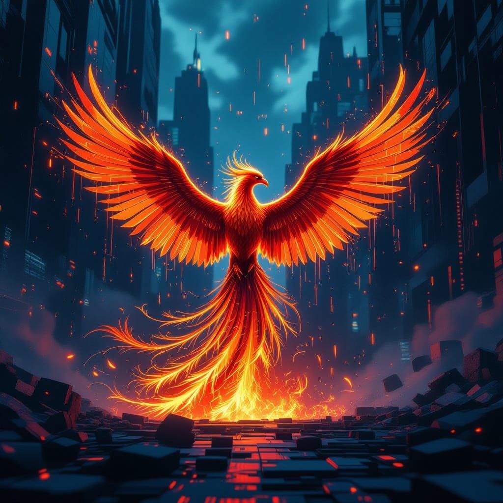 Phoenix Rises from Digital Inferno in Bleak Cityscape