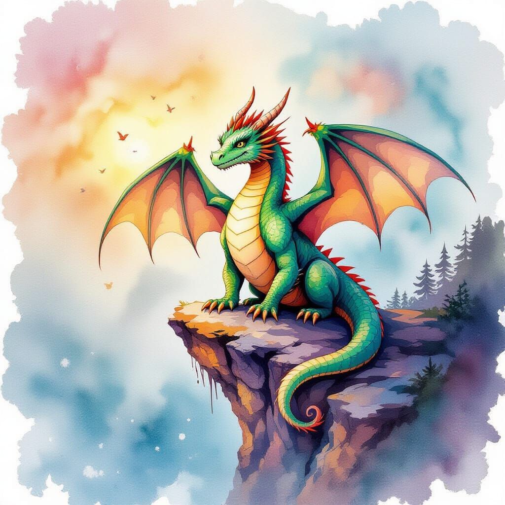 Dragon on Cliff in Watercolor Alcohol Ink Splatter Style
