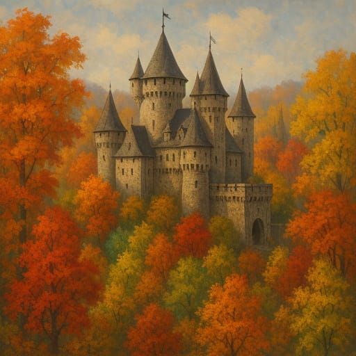Medieval Castle Amidst Vibrant Autumn Forest