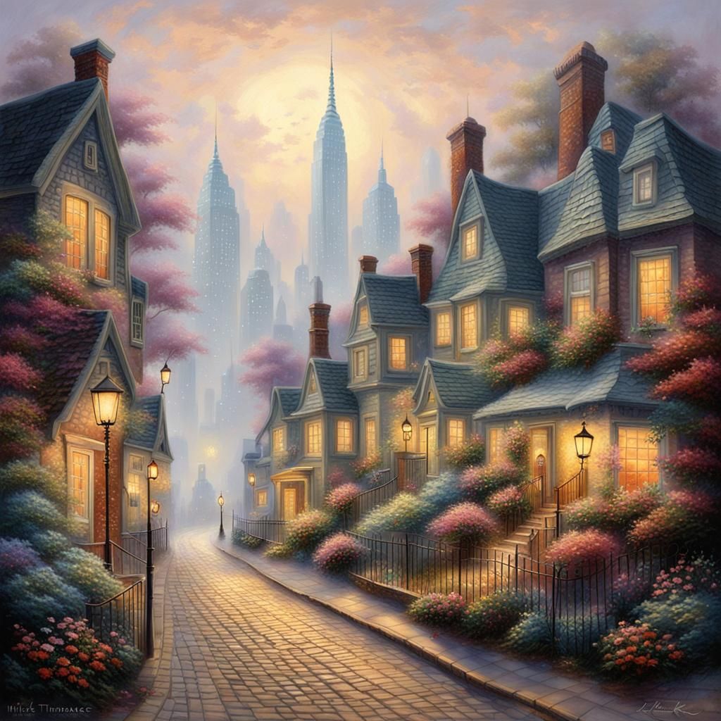Village Street with NYC Skyscrapers in Kinkade Style