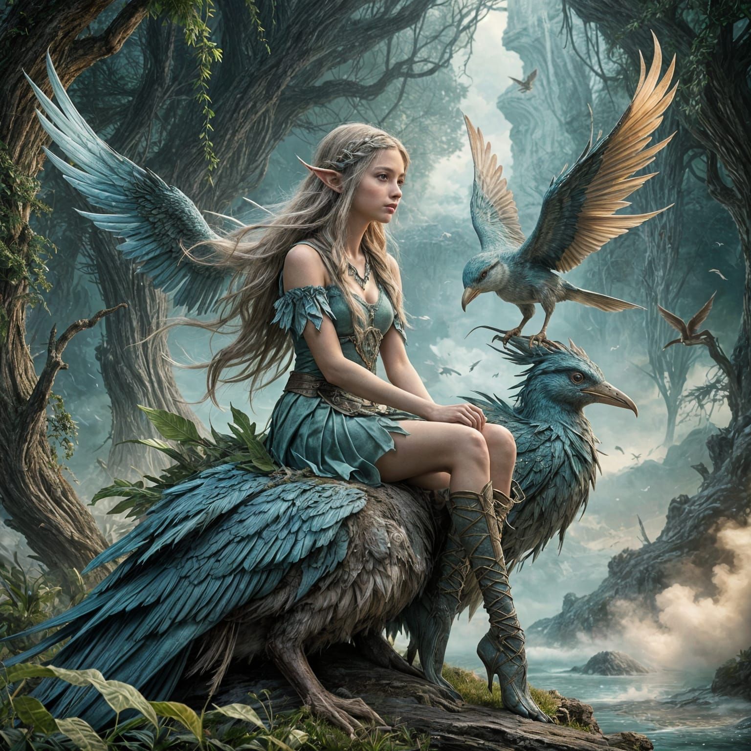 Dreamy Elf on Alien Bird Digital Illustration