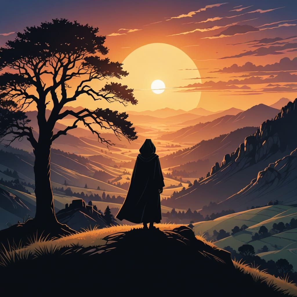 Woman in Cloak Observes Sunset Valley Illustration