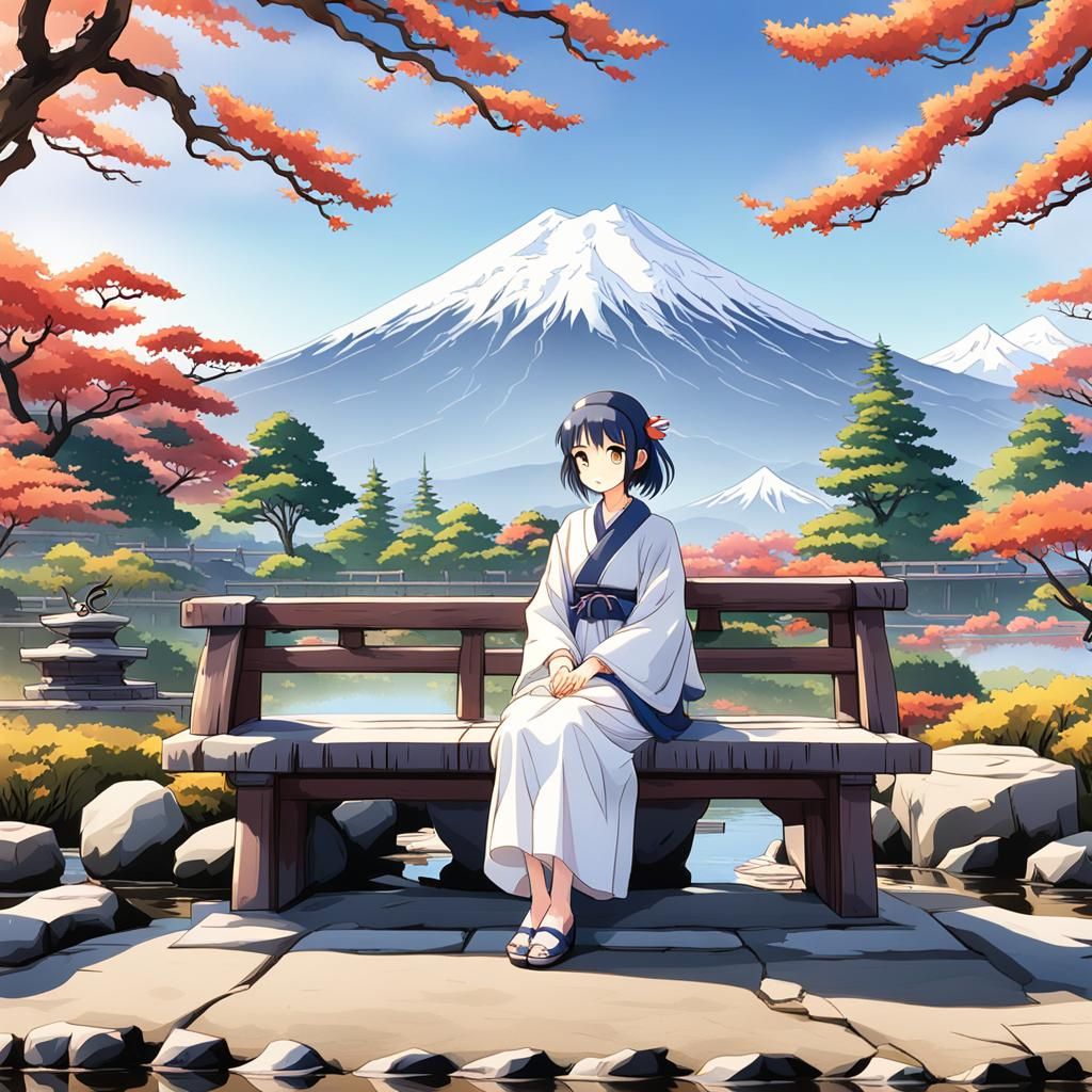 young chibi beautiful ANIME girl sit at a stone bench scene ...
