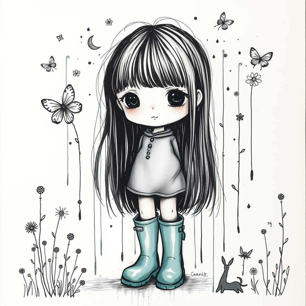 Whimsical Girl in Expressive Charcoal Sketch