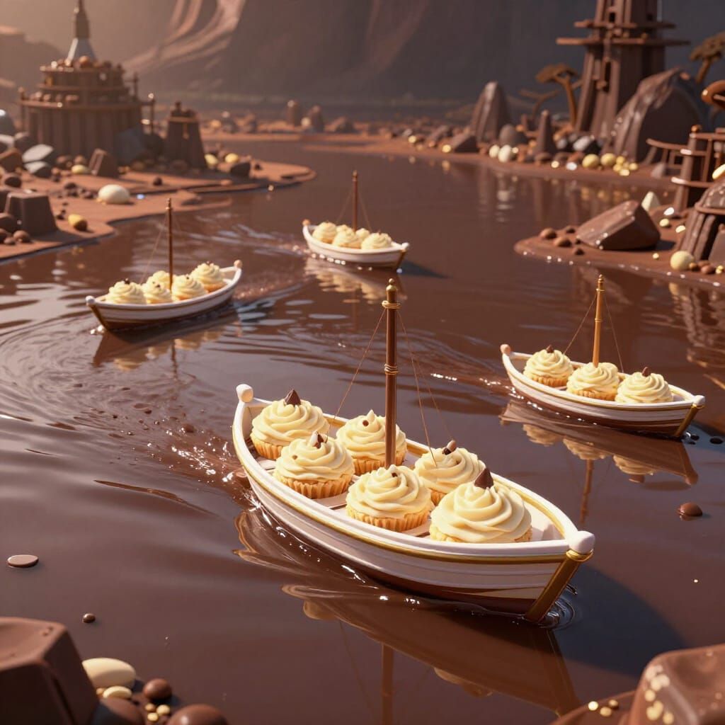 Surreal Chocolate Lake with Cream Cake Boats in Anime Style