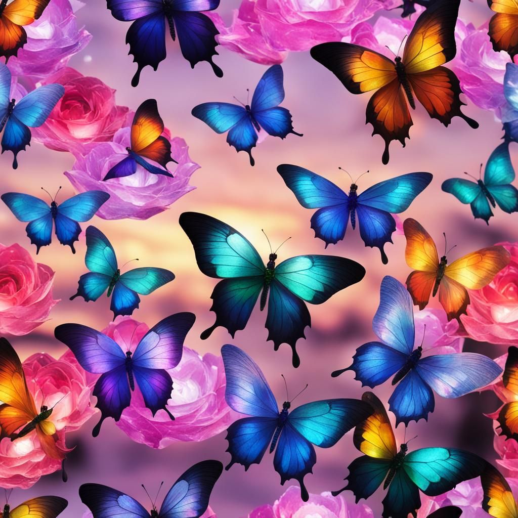 Crystal Tomtit in Serene Garden with Crystal Butterflies