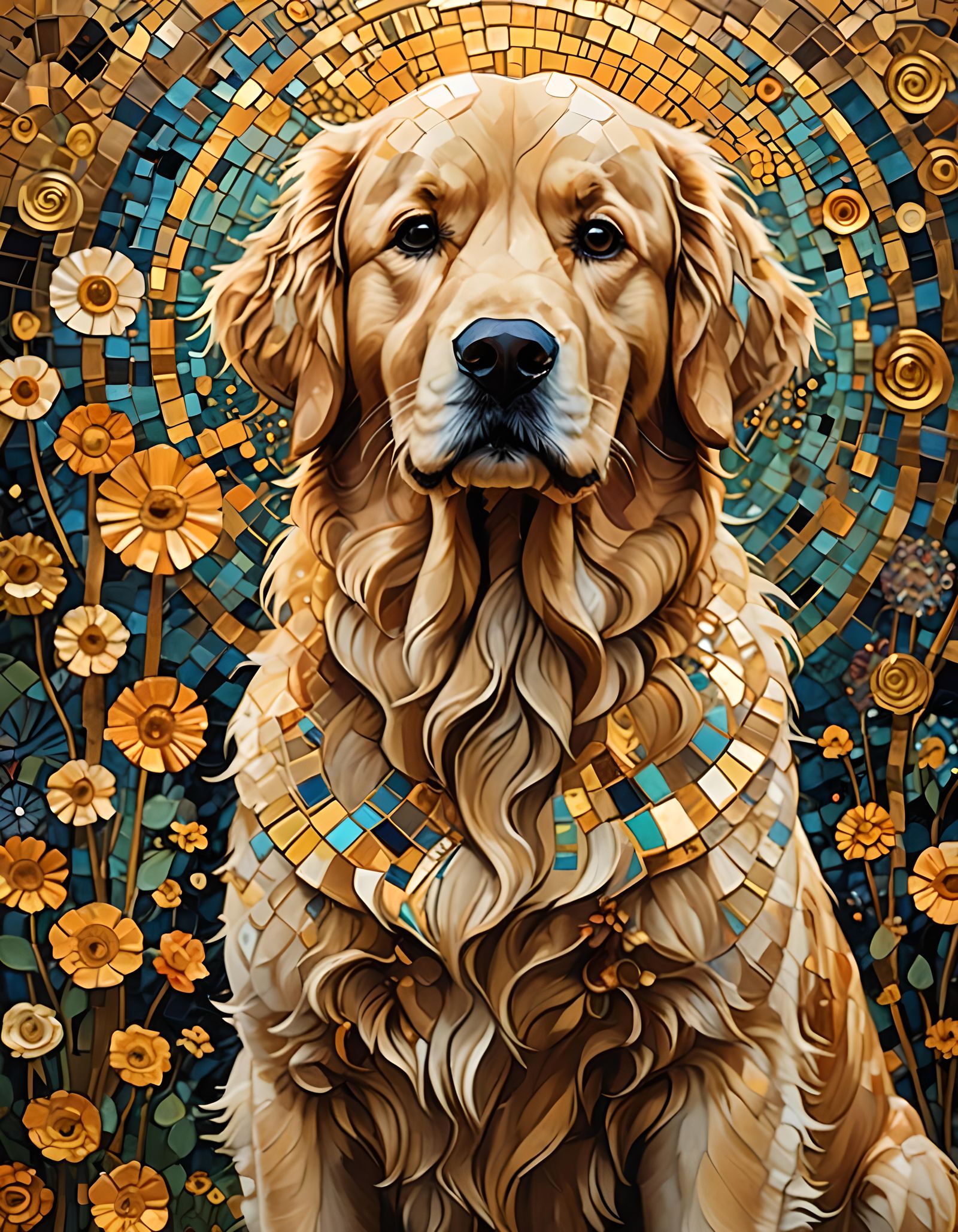 Golden Retriever in Klimt-Inspired Art Deco Style