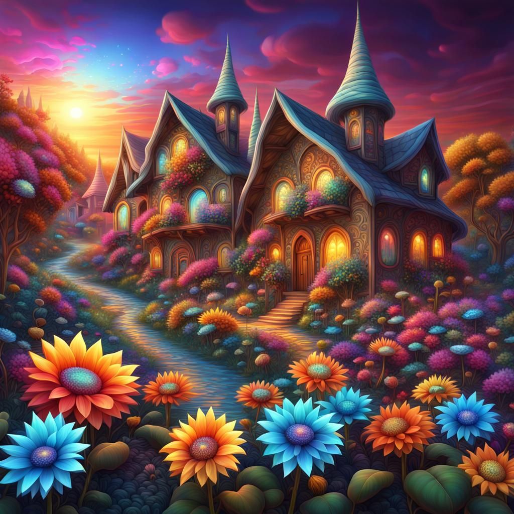 Iridescent Crystal Flower Garden Village, Abstract Fractal A...