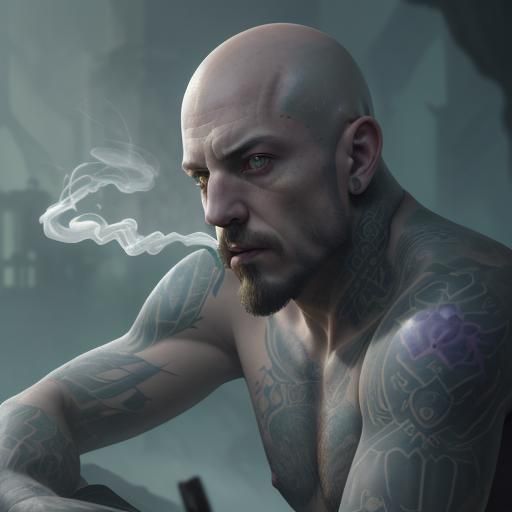 Tattooed Bald Man Smoking: Dark Fantasy Concept Art