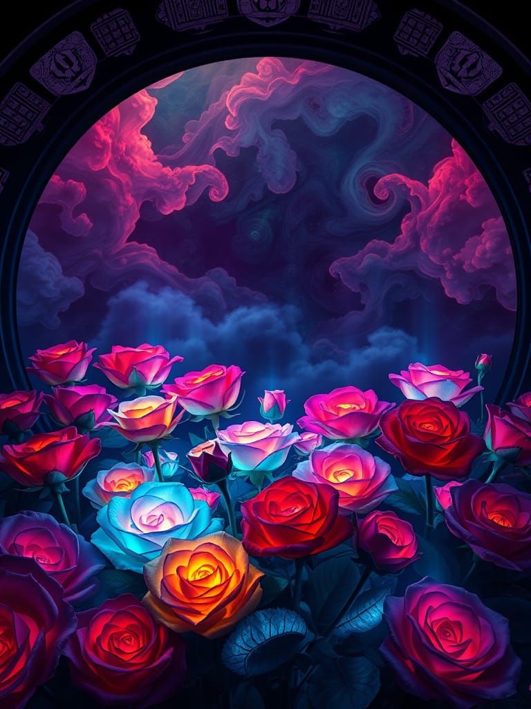 Bioluminescent Rose Garden in Comic Style Window