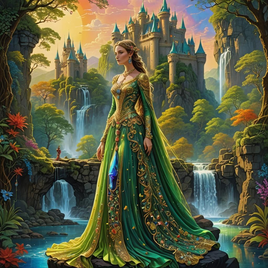 Graceful Lady in Front of Crystalline Castle