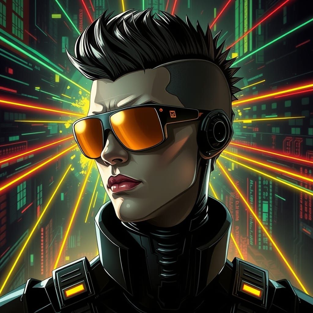 Cyberpunk Android with Asymmetrical Hairstyle and Sunglasses
