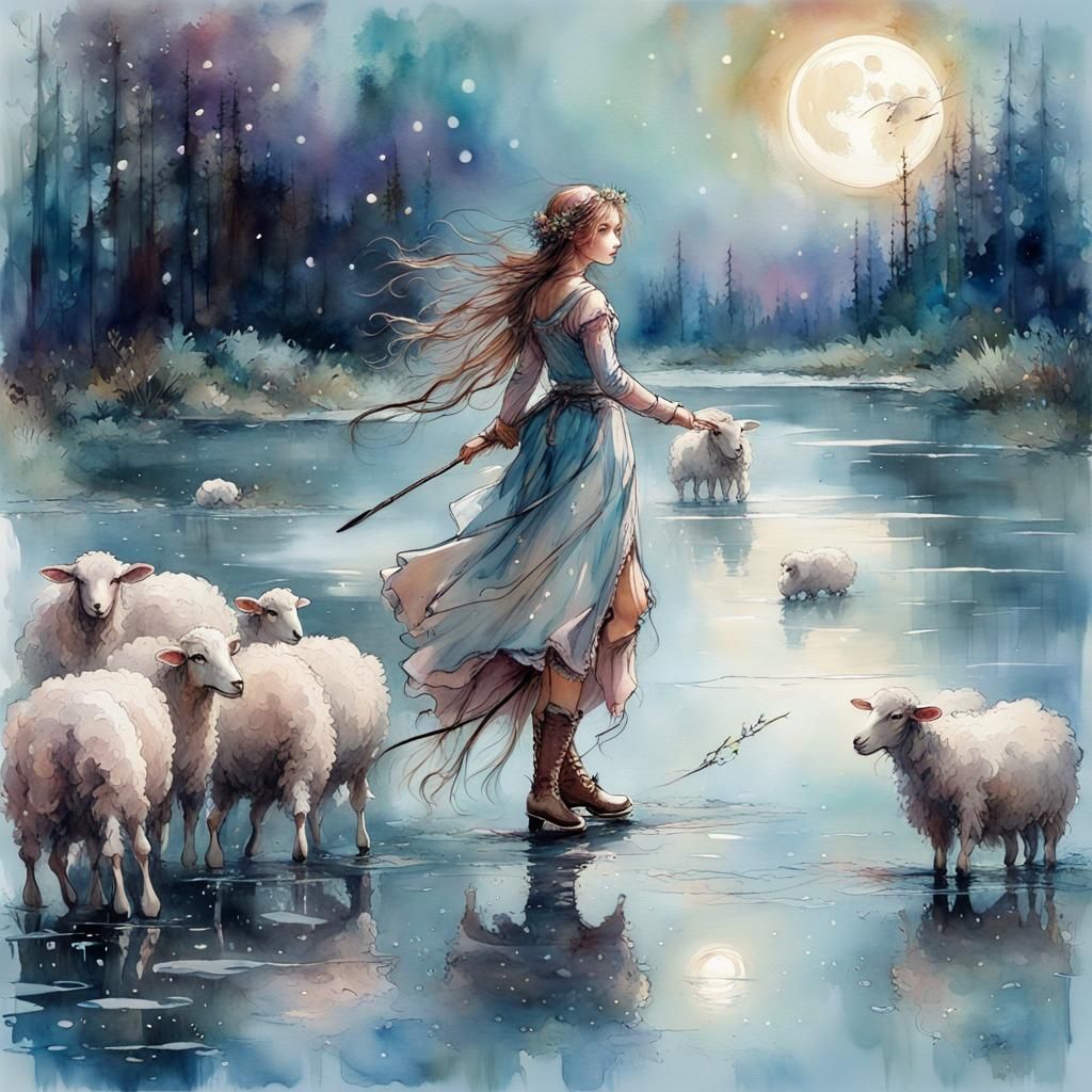 Fantasy Scene: Bo Peep Ice Skating, Watercolor Art