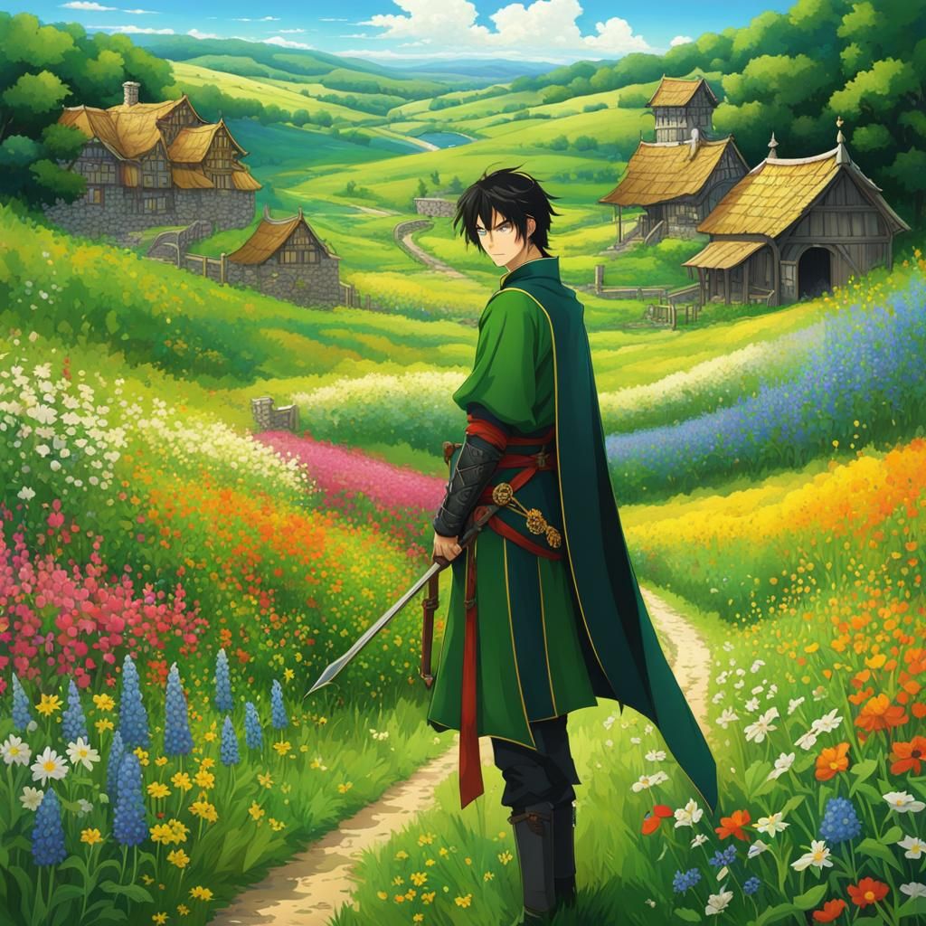 Anime Man at Crossroads in Medieval Countryside