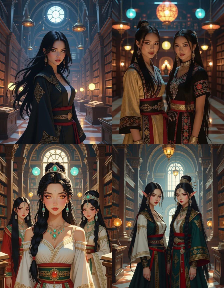 Heterochromatic Woman in Fantasy Library, Digital Art