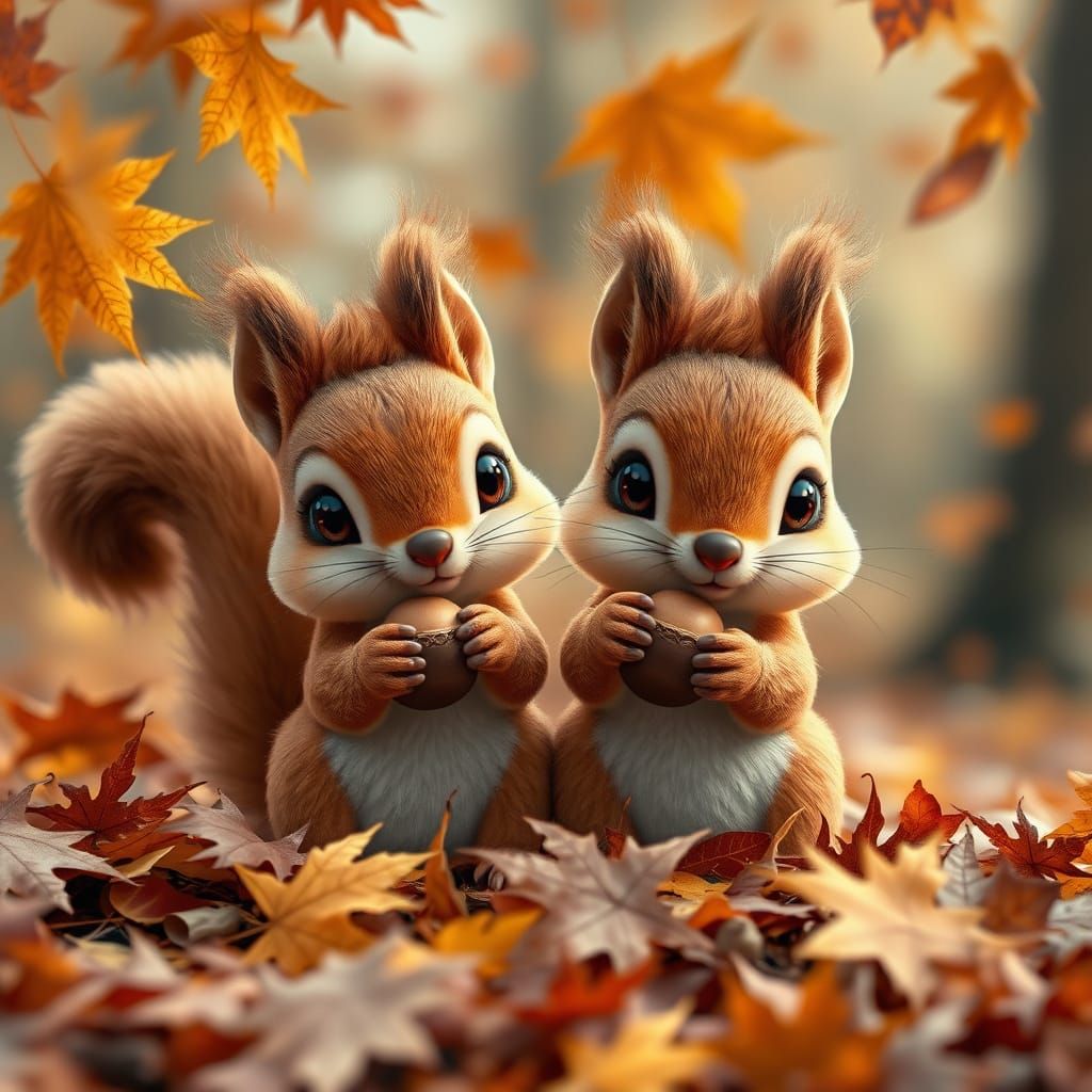 A pair of cute adorable plush chibi squirrel playing frolick...