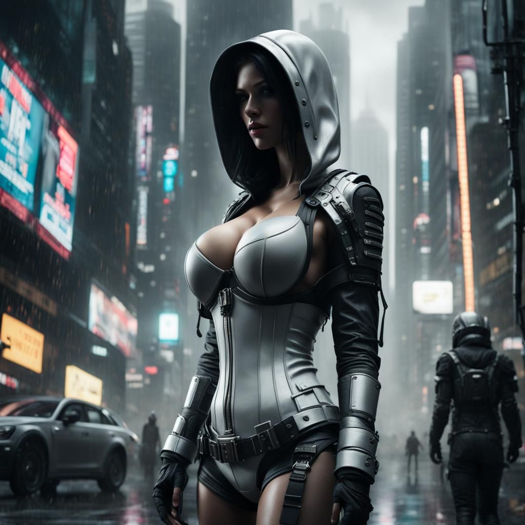 Android in Apocalyptic Cyberpunk Cityscape