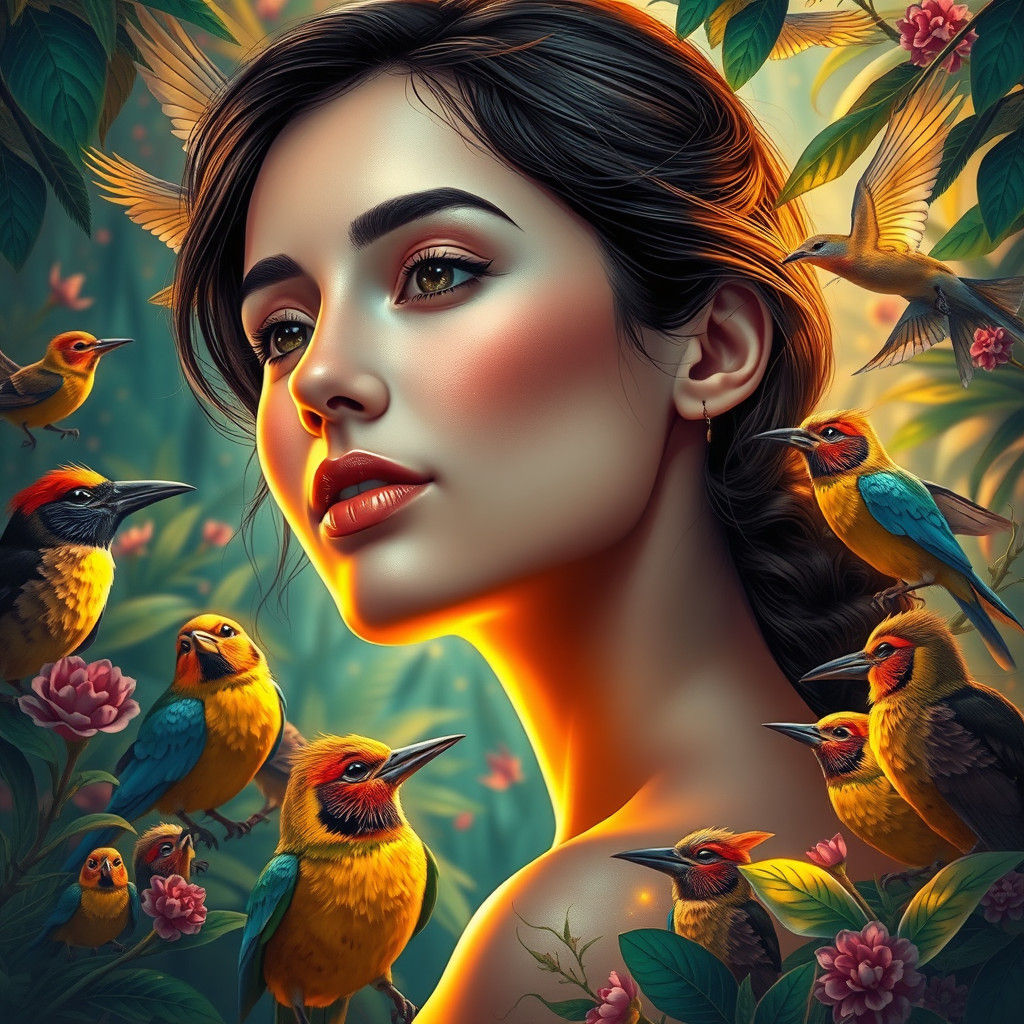 Serene Woman in Lush Birdsong, Digital Art