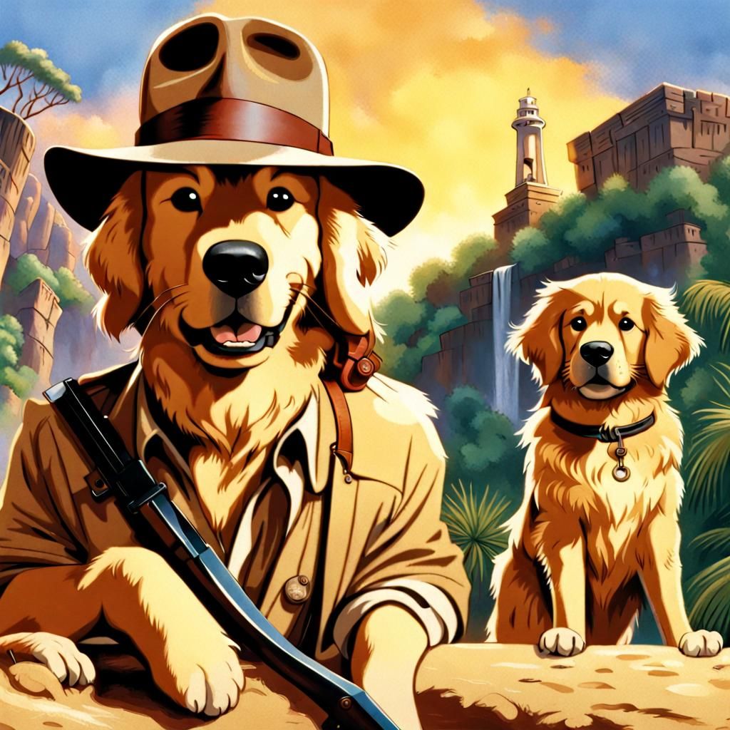 Indiana Jones as Golden Retriever in Disney Style