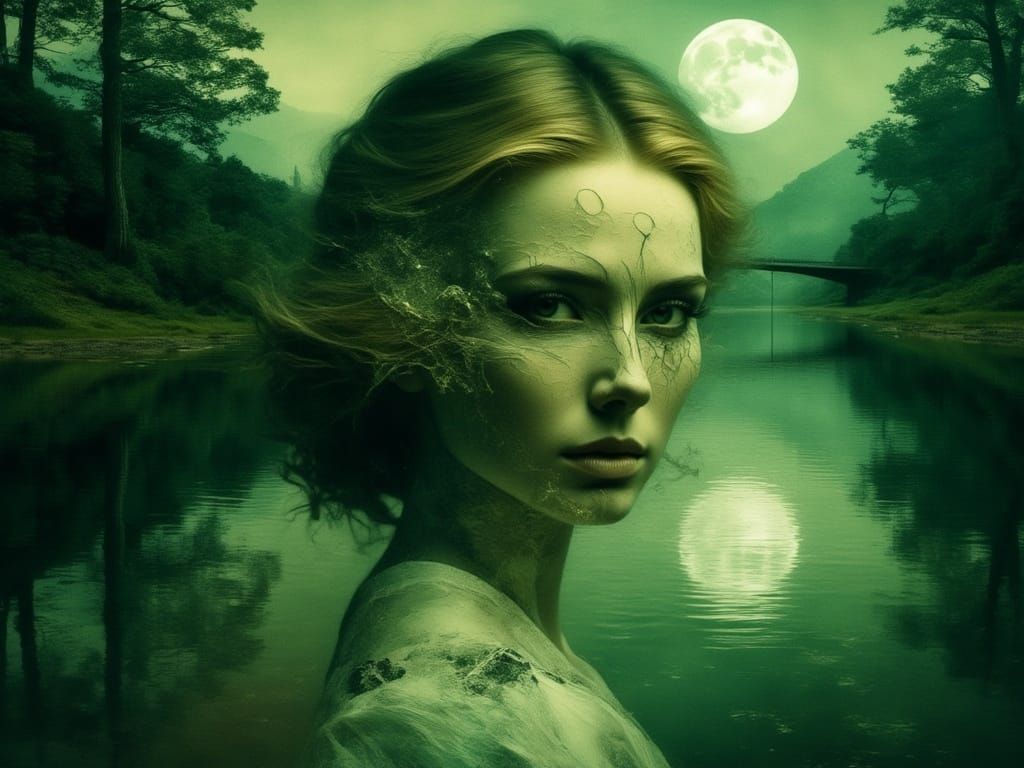 Woman With Moonlit River Double Exposure