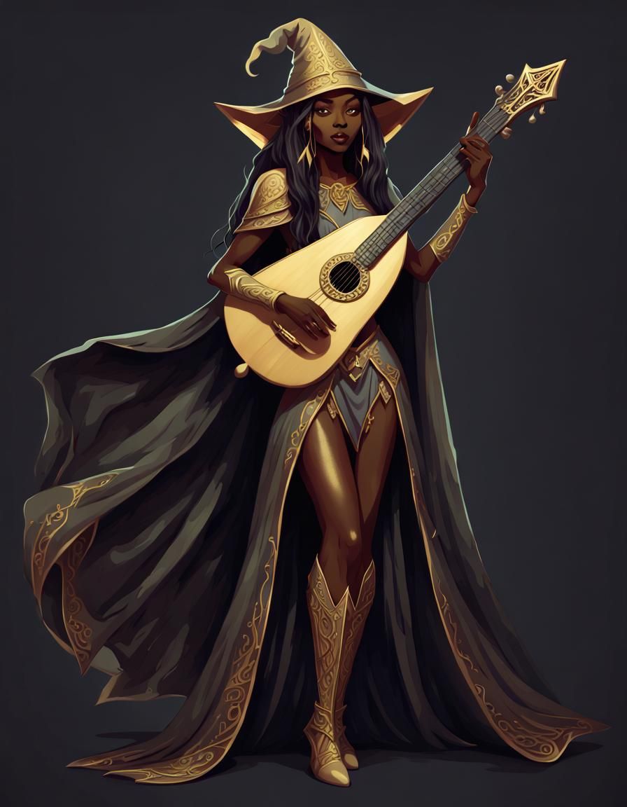 Dark Elf Wizard Playing Lute in Art Deco Gothic Style