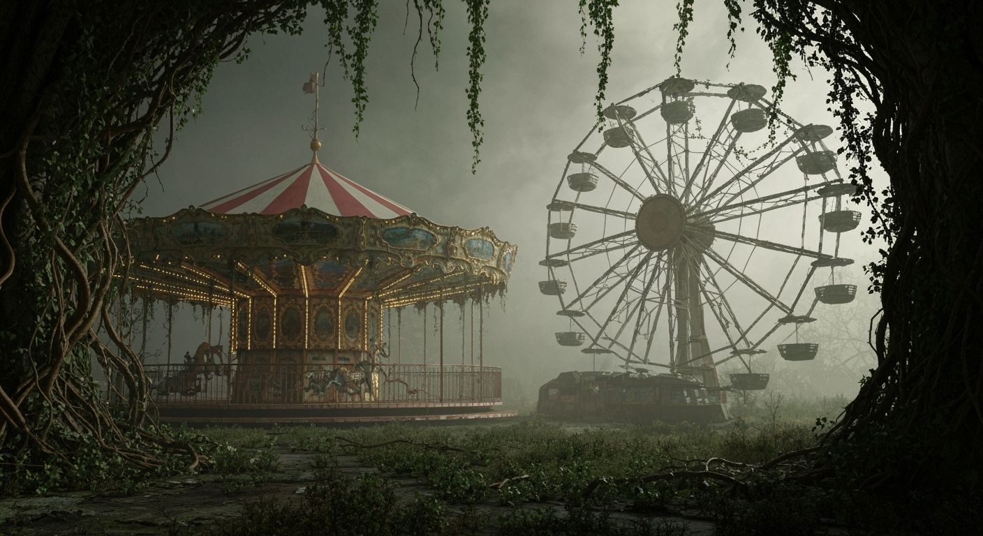 Haunted Luna Park Carousel and Ferris Wheel Overgrown with I...