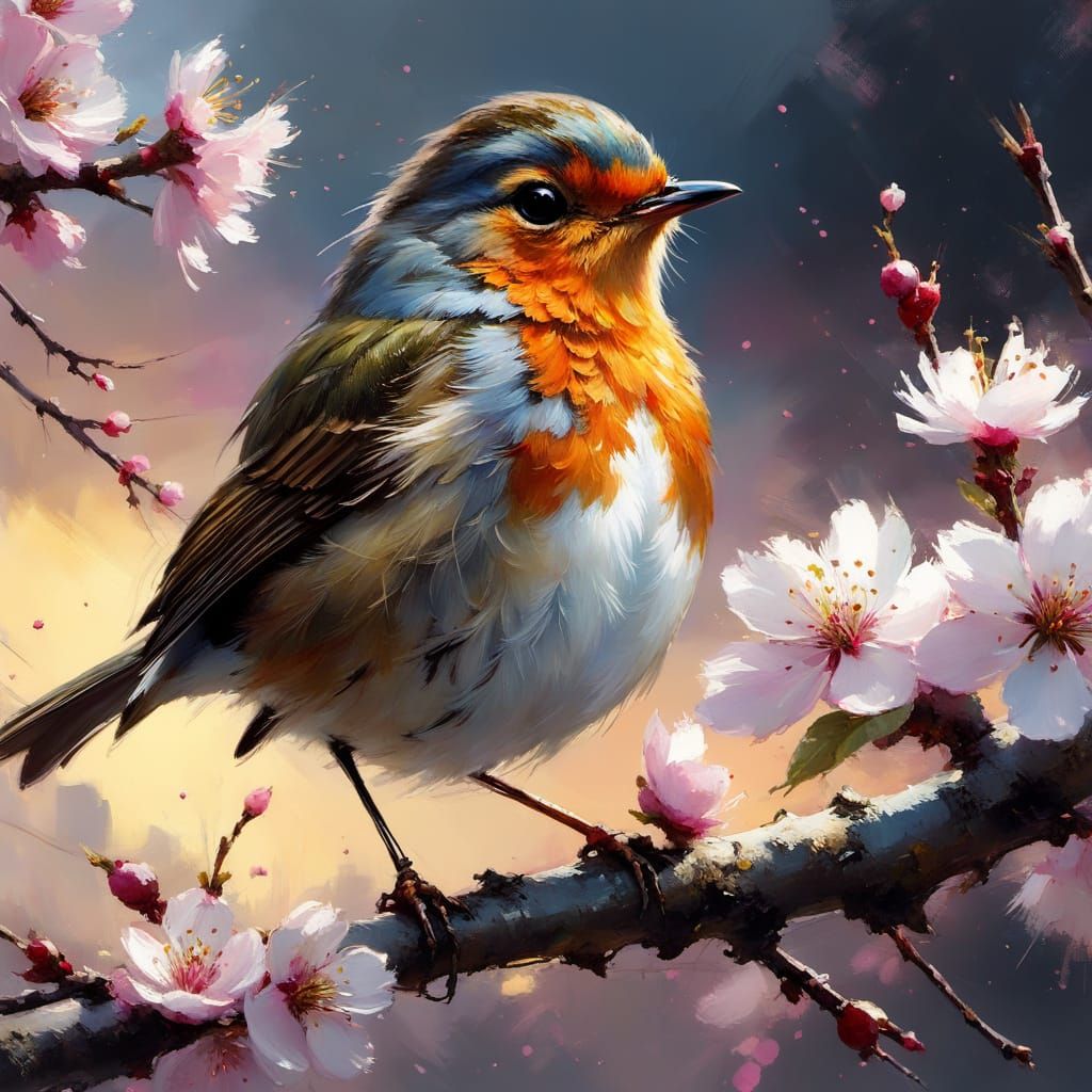 Surreal Cherry Blossom Robin in Dramatic Sunset Light