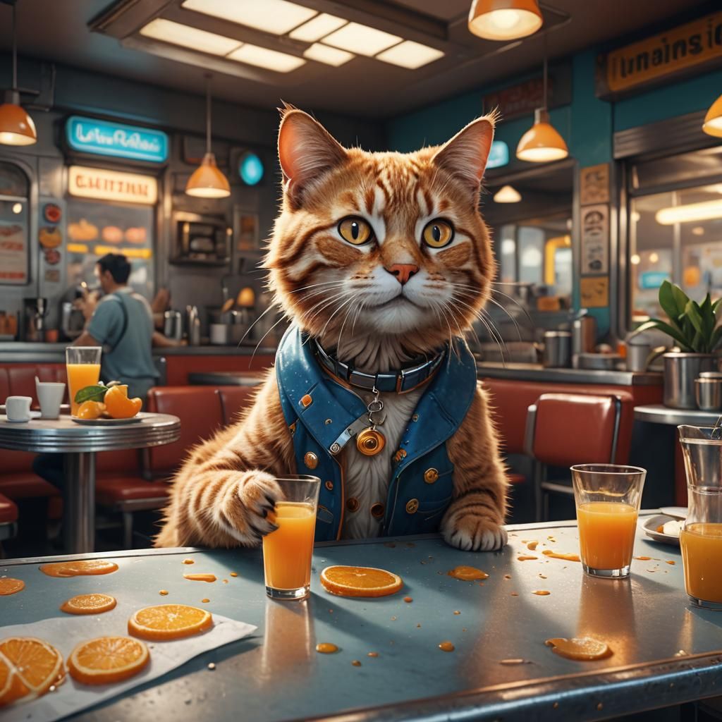 Happy Cat Sipping Orange Juice: Detailed Matte Painting