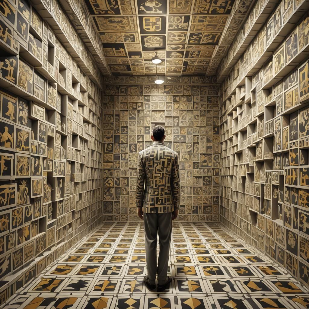 Surreal Figure in Escher-Inspired Tiled Room