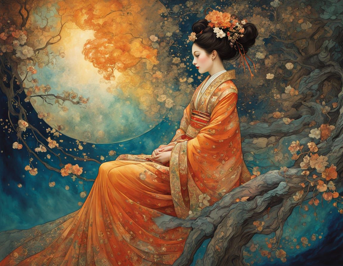 Geisha Contemplating Nebula in Abstract Cosmic Style