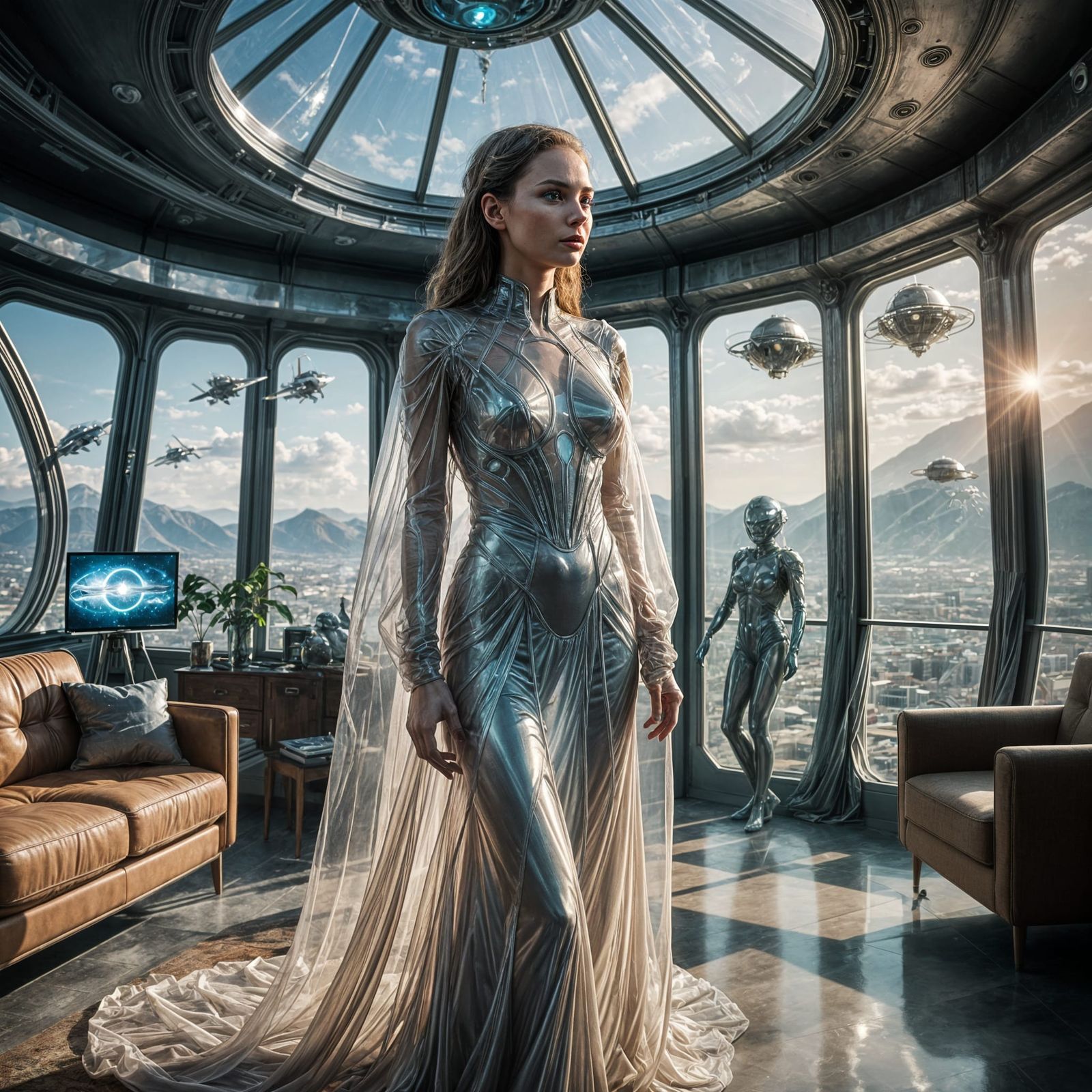 Alien Beauty in Futuristic Home with Spaceship