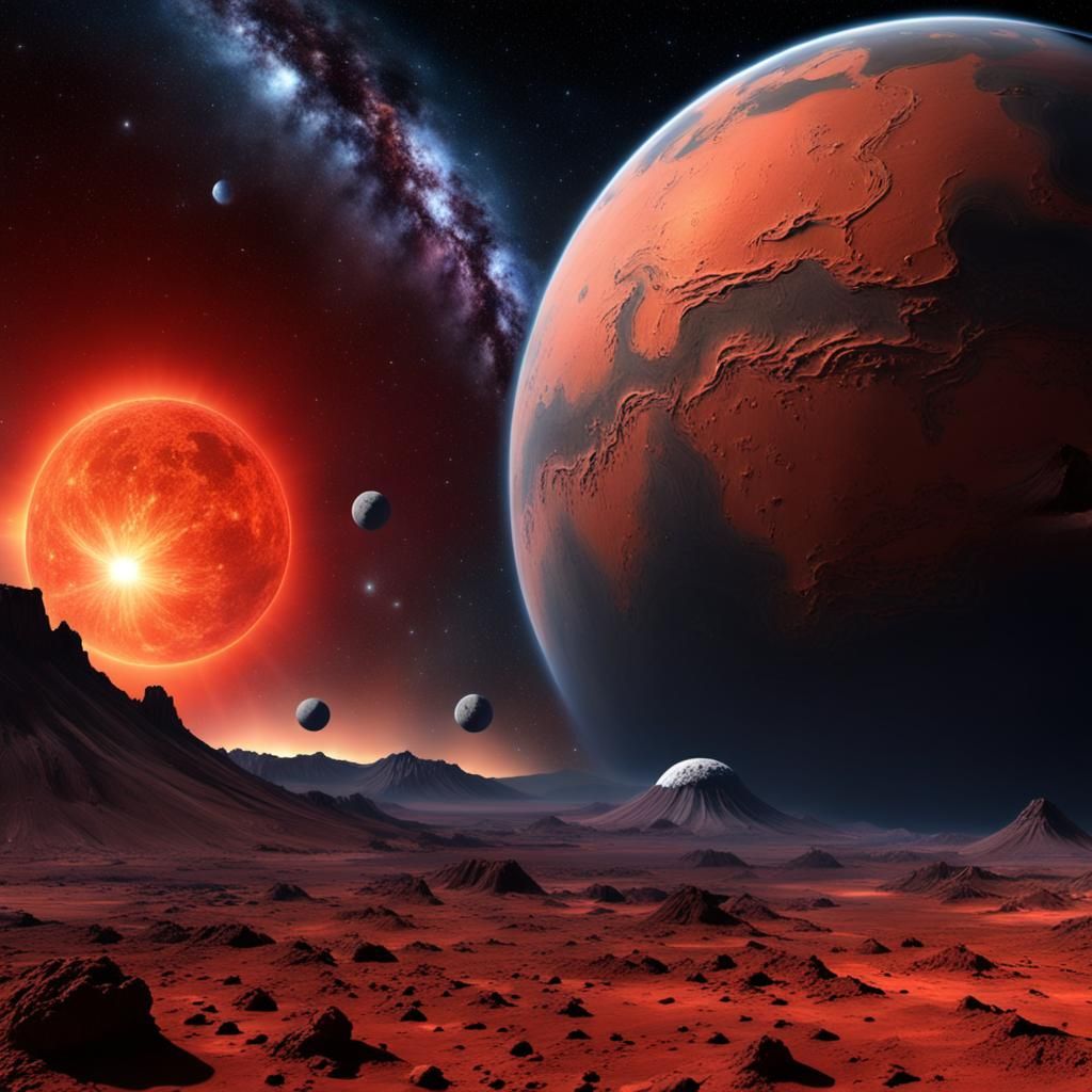 Spectacular Mars Landscape with Moons and Nebula