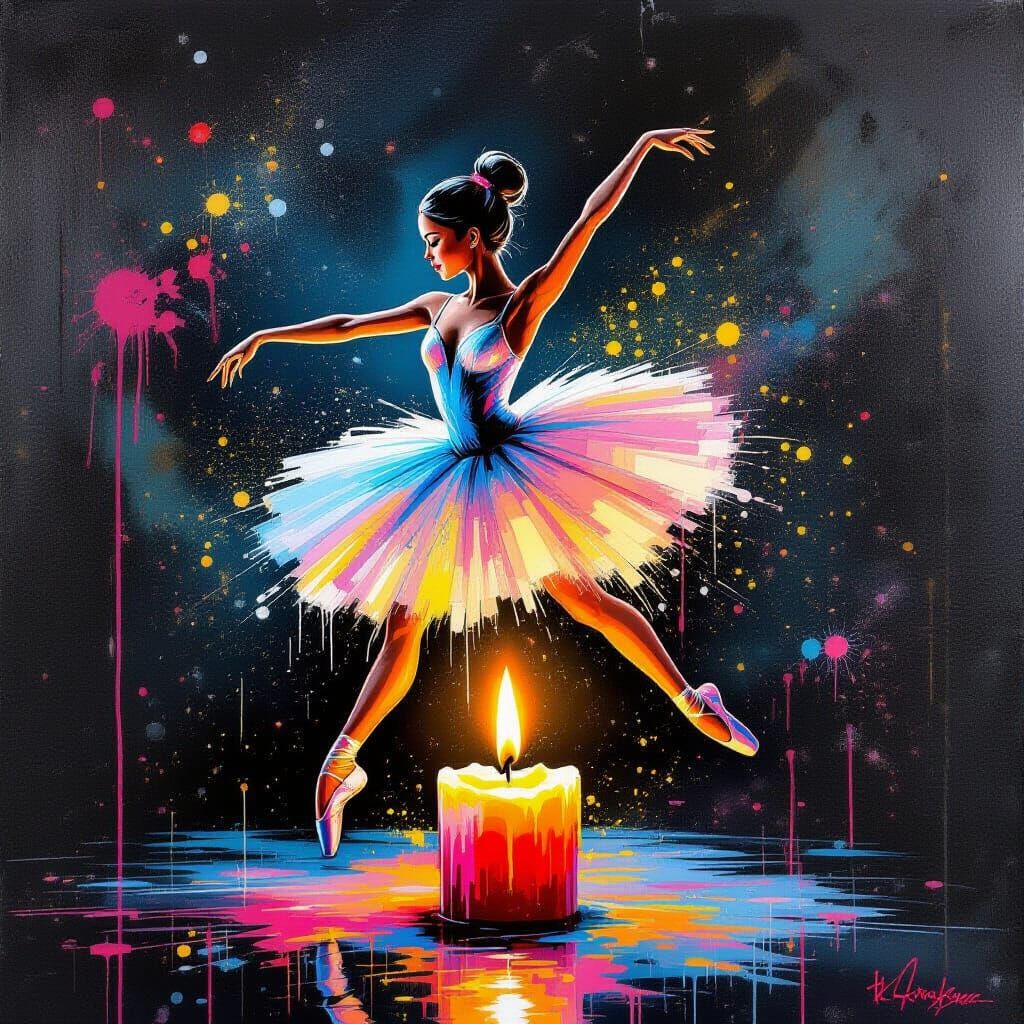 Ballerina Dances on Candle Flame in Soft Graffiti Art Style